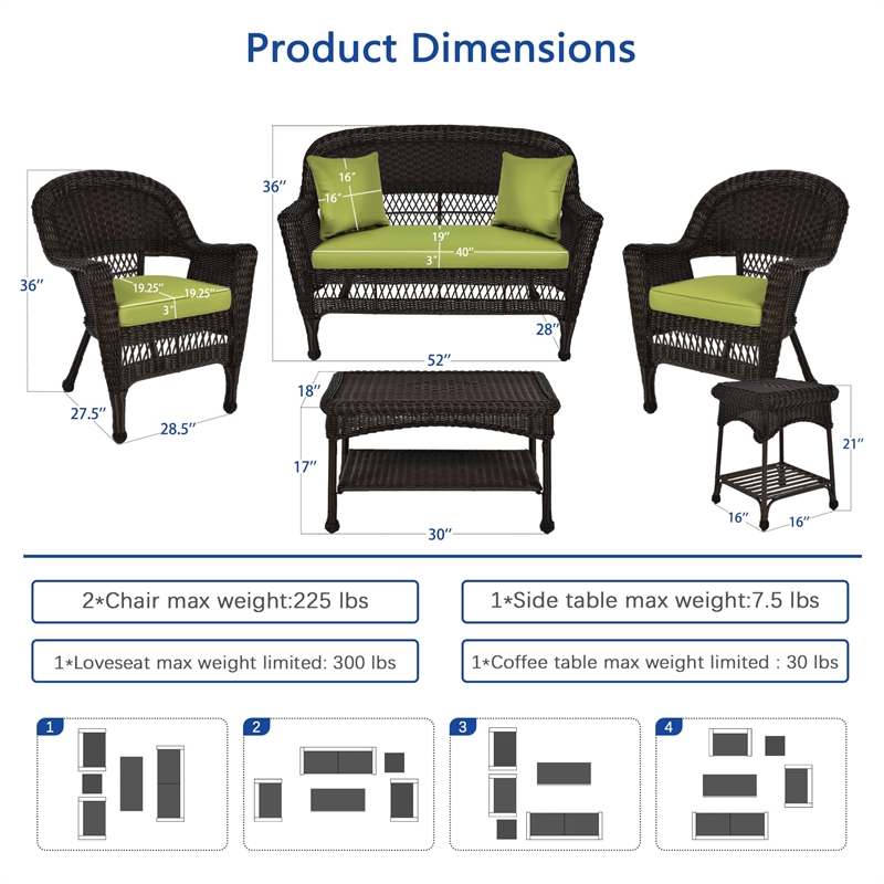 Jeco 5pc Wicker Conversation Set in Espresso with Green Cushions