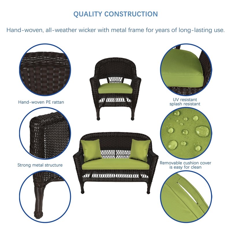 Jeco 5pc Wicker Conversation Set in Espresso with Green Cushions