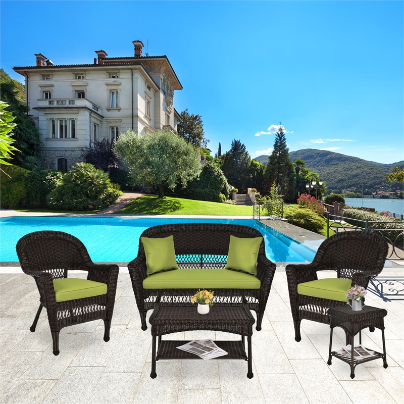 Jeco 5pc Wicker Conversation Set in Espresso with Green Cushions