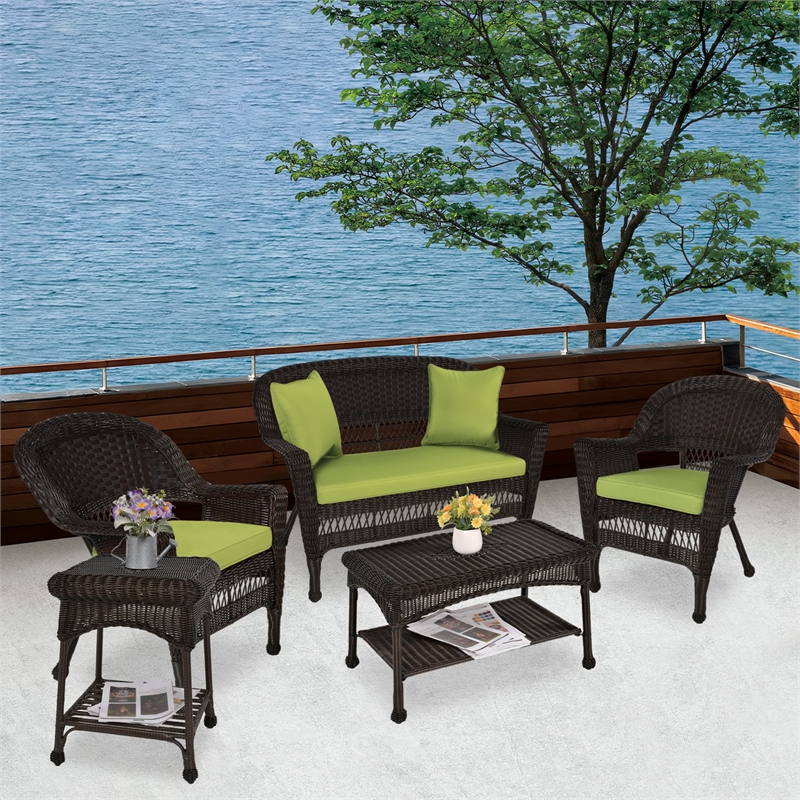Jeco 5pc Wicker Conversation Set in Espresso with Green Cushions