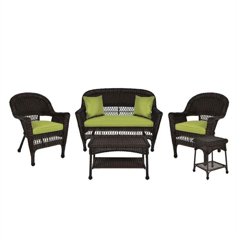 Jeco 5pc Wicker Conversation Set in Espresso with Green Cushions