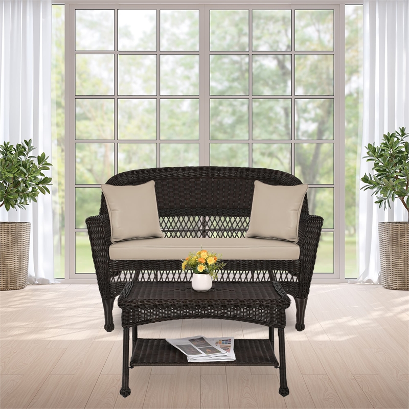 Jeco Wicker Patio Love Seat and Coffee Table Set in Espresso with Tan Cushion