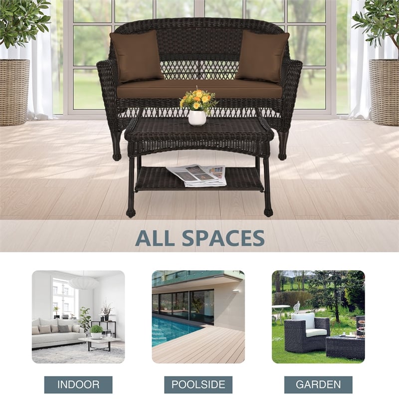 Jeco Wicker Patio Love Seat and Coffee Table Set in Espresso with Brown Cushion