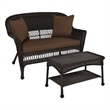 Jeco Wicker Patio Love Seat and Coffee Table Set in Espresso with Brown Cushion