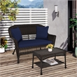 Jeco Wicker Patio Love Seat and Coffee Table Set in Espresso with Blue Cushion