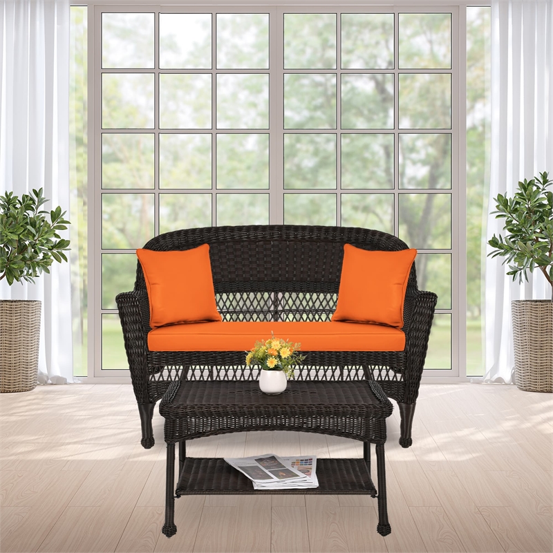 Jeco Wicker Patio Love Seat and Coffee Table Set in Espresso with Orange Cushion