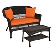 Jeco Wicker Patio Love Seat and Coffee Table Set in Espresso with Orange Cushion