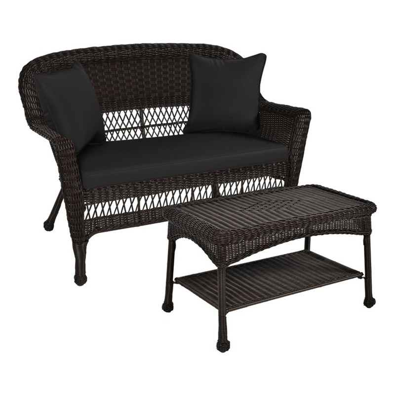 Jeco Wicker Patio Love Seat and Coffee Table Set in Espresso with Black Cushion