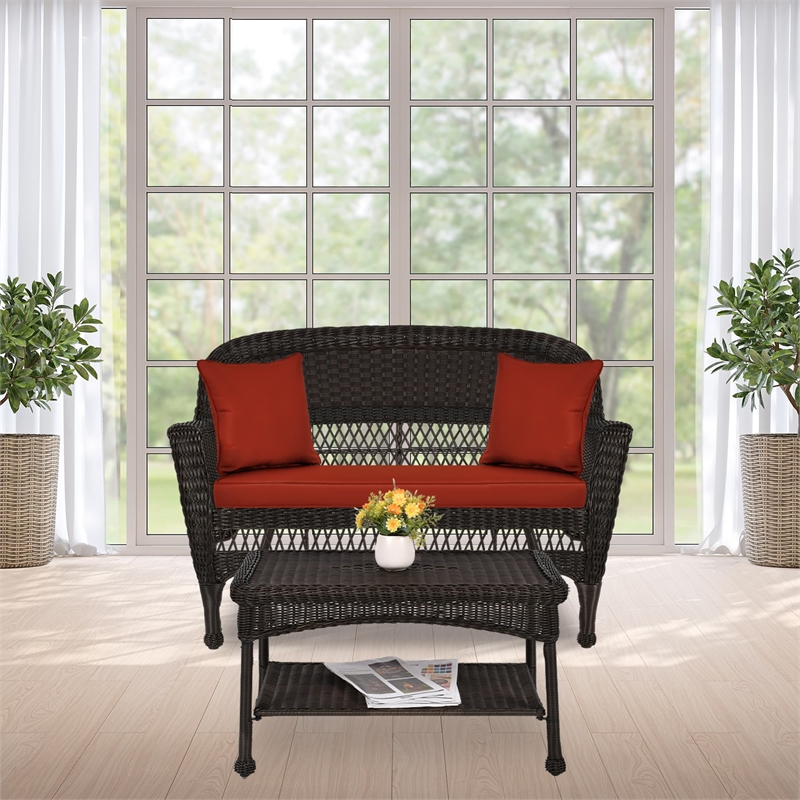 Jeco Wicker Patio Love Seat and Coffee Table Set
