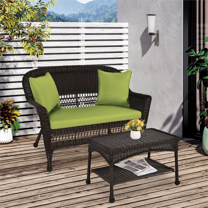 Jeco Wicker Patio Love Seat and Coffee Table Set in Espresso with Green Cushion