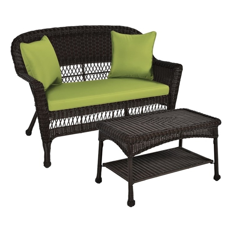 Jeco Wicker Patio Love Seat and Coffee Table Set in Espresso with Green Cushion