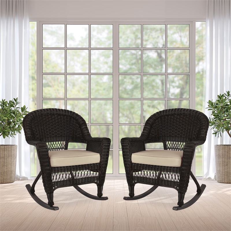 Jeco Rocker Wicker / Rattan Chair in Espresso with Tan Cushion (Set of 2)