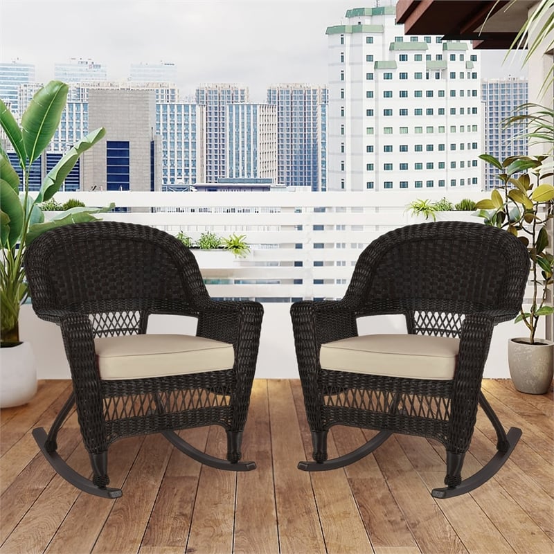 Jeco Rocker Wicker / Rattan Chair in Espresso with Tan Cushion (Set of 2)
