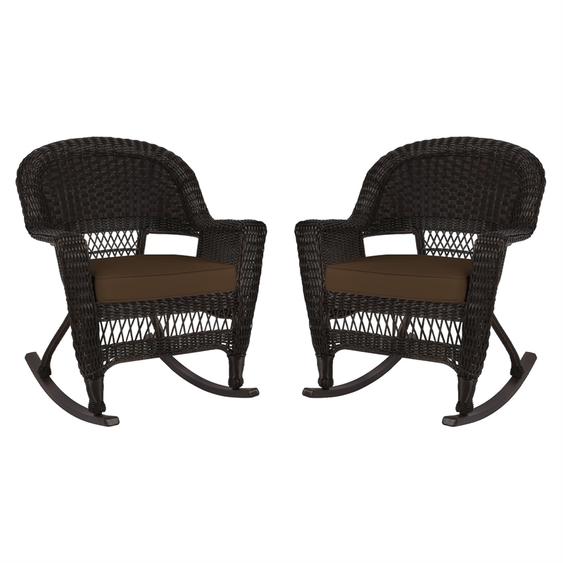Jeco Rocker Wicker Chair in Espresso with Brown Cushion (Set of 2)