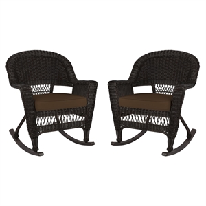 Jeco Rocker Wicker Chair in Espresso with Brown Cushion (Set of 2)