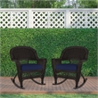 Jeco Rocker Wicker Chair in Espresso with Blue Cushion (Set of 2) Brown