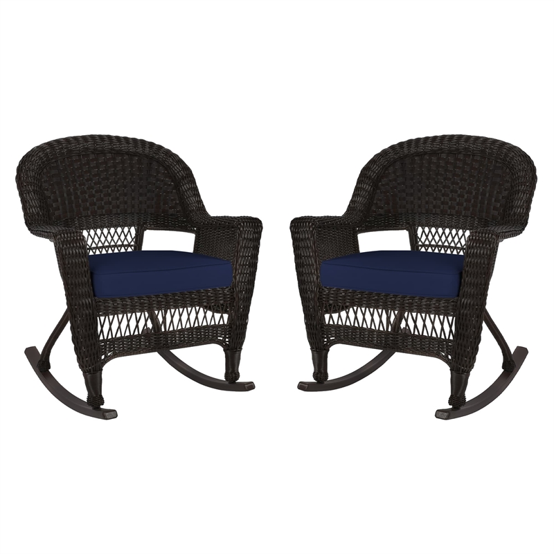 Jeco Rocker Wicker Chair in Espresso with Blue Cushion (Set of 2) Brown