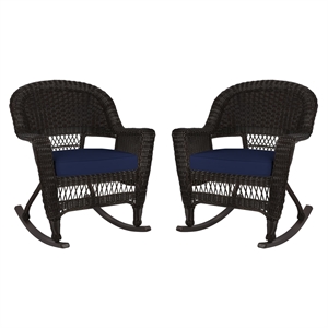 Jeco Rocker Wicker Chair in Espresso with Blue Cushion (Set of 2) Brown