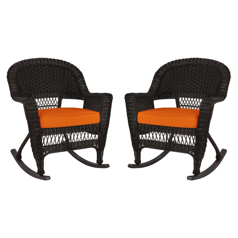 Jeco Rocker Wicker Chair in Espresso with Orange Cushion (Set of 2)