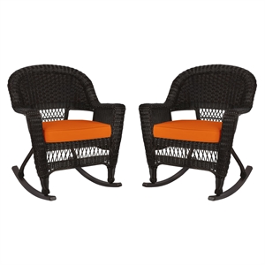 Jeco Rocker Wicker Chair in Espresso with Orange Cushion (Set of 2)