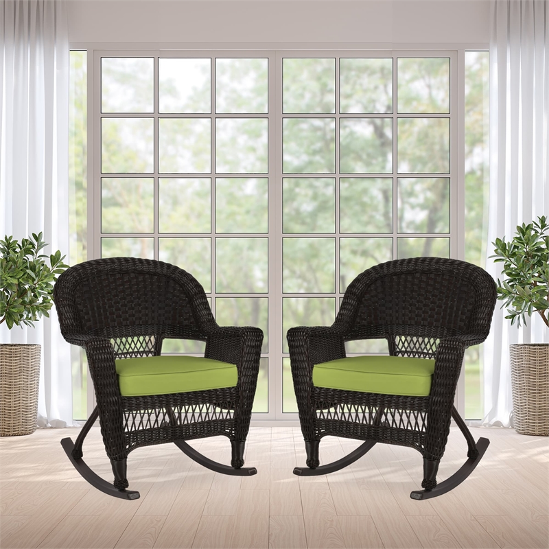 Jeco Rocker Wicker Chair in Espresso with Green Cushion (Set of 2)