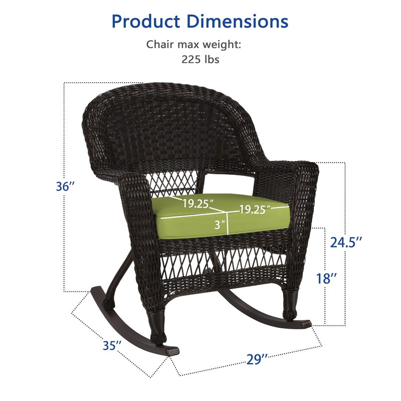 Jeco Rocker Wicker Chair in Espresso with Green Cushion (Set of 2)