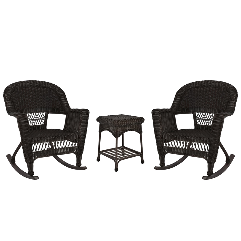 Jeco 3 Piece Resin Wicker Outdoor Patio Rocker Chair Set in Espresso