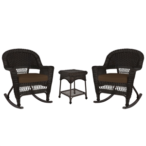 Jeco 3pc Wicker Rocker Chair Set in Espresso with Brown Cushion