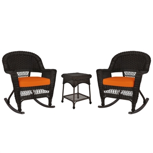 Jeco 3pc Wicker Rocker Chair Set in Espresso with Orange Cushion