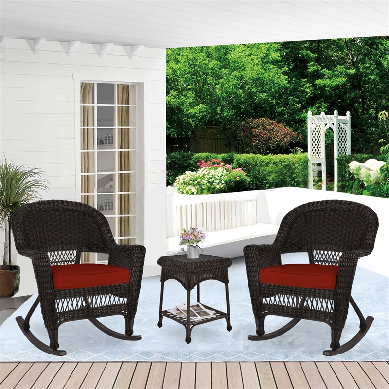 Jeco 3pc Wicker Rocker Chair Set in Espresso with Red Cushion