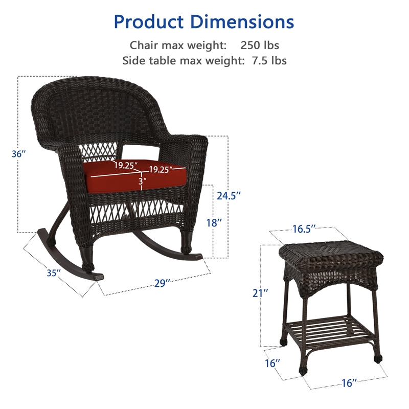 Jeco 3pc Wicker Rocker Chair Set in Espresso with Red Cushion