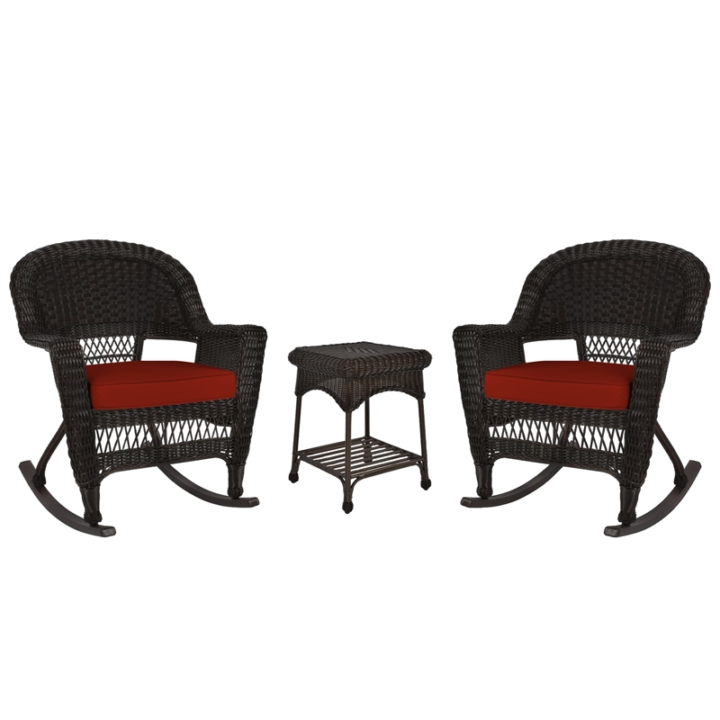 Jeco 3pc Wicker Rocker Chair Set in Espresso with Red Cushion