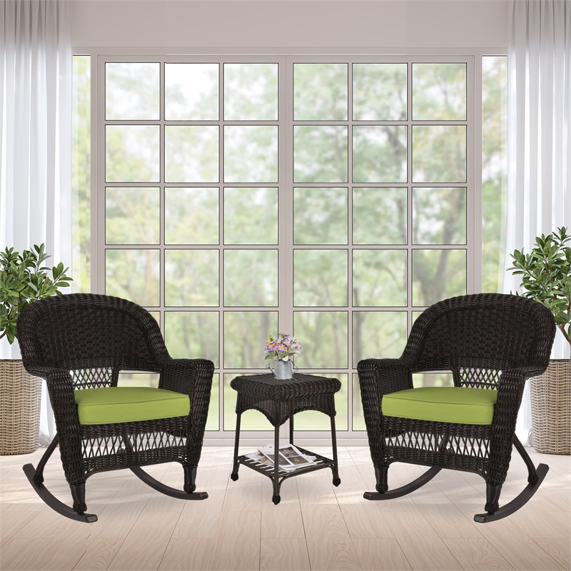Jeco 3pc Wicker Rocker Chair Set in Espresso with Green Cushion
