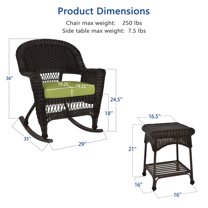 Jeco 3pc Wicker Rocker Chair Set in Espresso with Green Cushion