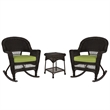 Jeco 3pc Wicker Rocker Chair Set in Espresso with Green Cushion