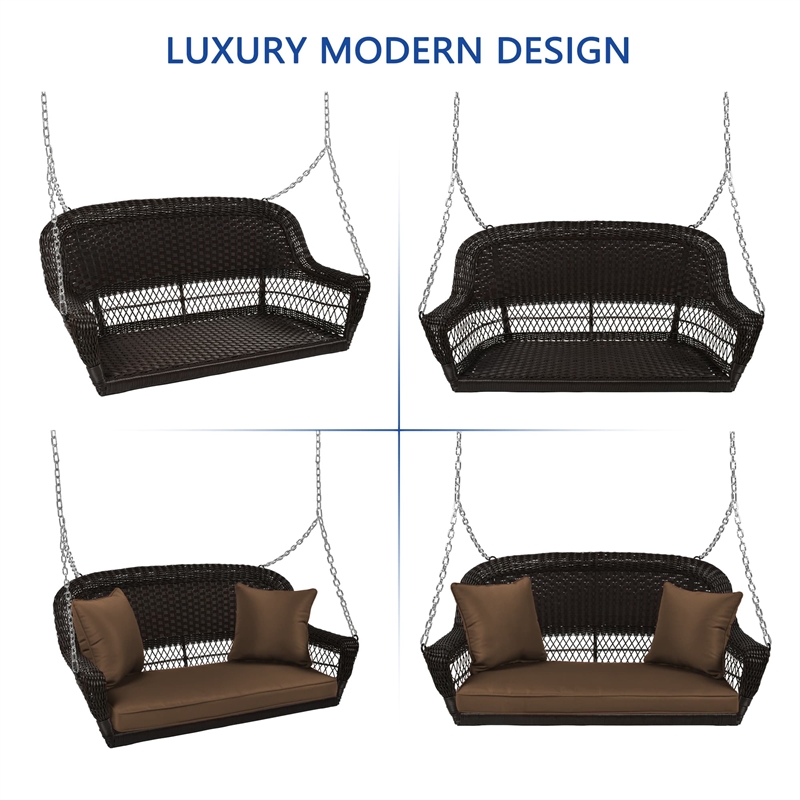 Jeco Wicker Porch Swing in Espresso with Brown Cushion