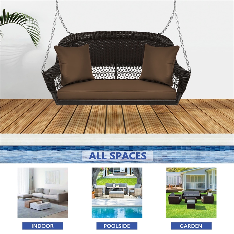 Jeco Wicker Porch Swing in Espresso with Brown Cushion