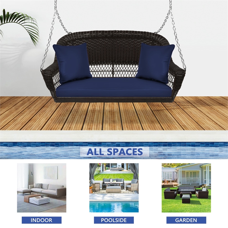 Jeco Wicker Porch Swing in Espresso with Blue Cushion