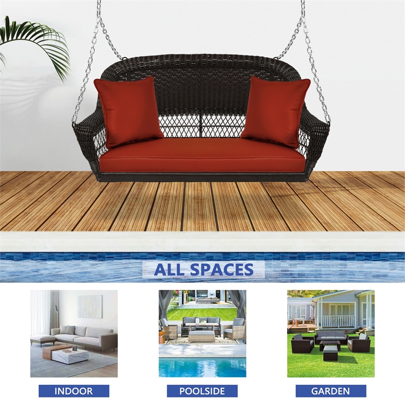 Jeco Wicker Porch Swing in Espresso with Red Cushion