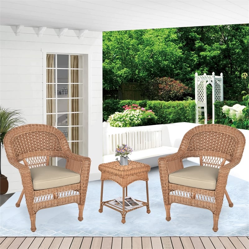 Jeco 3 Piece Resin Wicker Patio Conversation Set in Honey and White