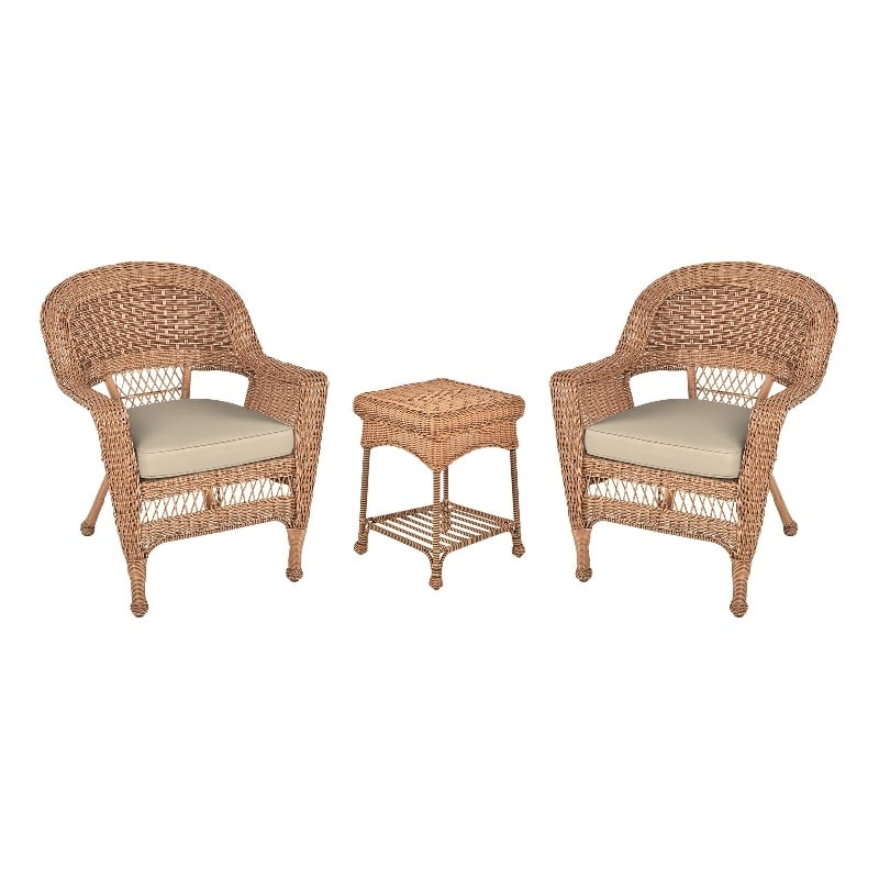 Jeco 3 Piece Resin Wicker Patio Conversation Set in Honey and White