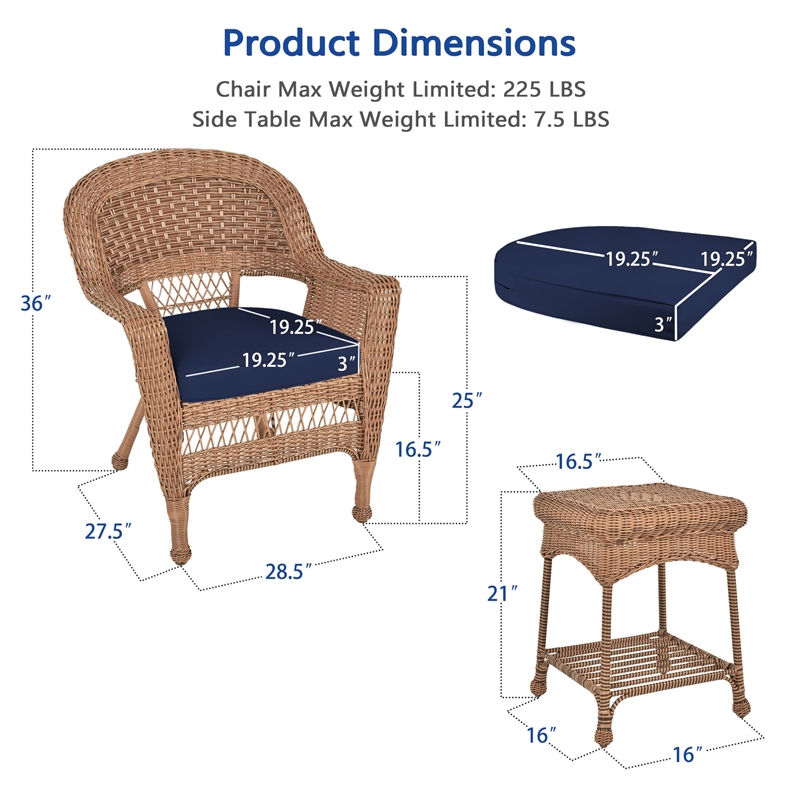 Jeco 3 Piece Resin Wicker Patio Conversation Set in Honey and Blue