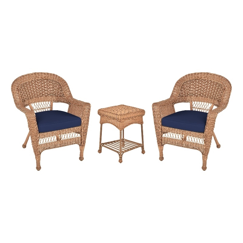 Jeco 3 Piece Resin Wicker Patio Conversation Set in Honey and Blue