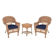 Jeco 3 Piece Resin Wicker Patio Conversation Set in Honey and Blue