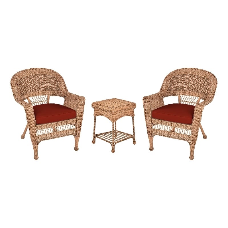 Jeco 3pc Wicker Chair and End Table Set in Honey with Red Orange Chair Cushion