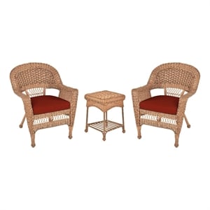 Jeco 3pc Wicker Chair and End Table Set in Honey with Red Orange Chair Cushion