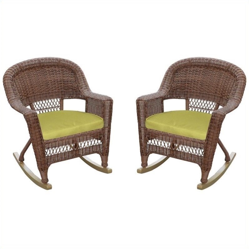 Jeco Wicker Chair in Honey with Green Cushion (Set of 4)