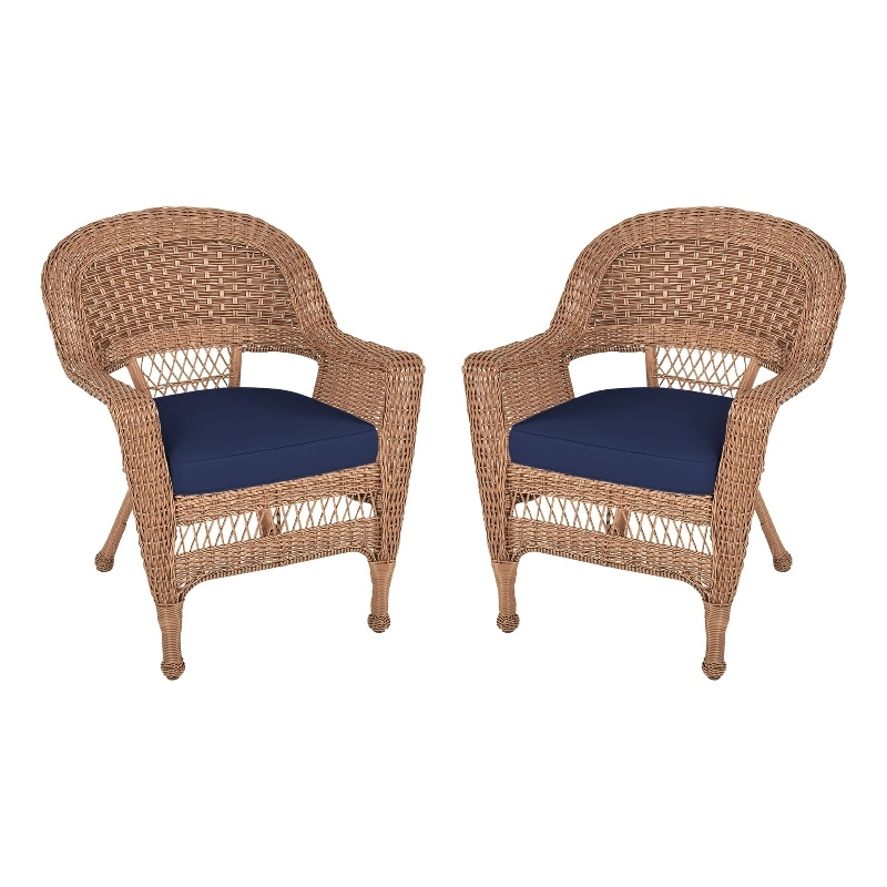 Jeco Wicker Chair in Honey with Blue Cushion (Set of 2)