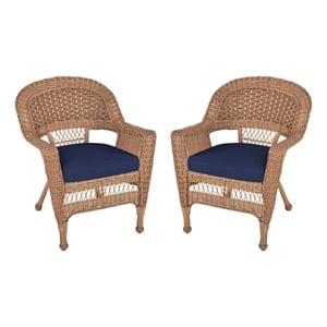 Jeco Wicker Chair in Honey with Blue Cushion (Set of 2)