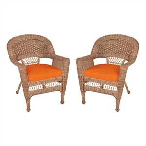 Jeco Wicker Chair in Honey with Orange Cushion (Set of 2)